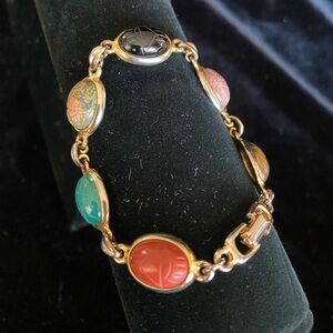 Vtg Beetle Scarab Bracelet Egypt 1970s Stone Gold Tone Bracelet Costume Signed